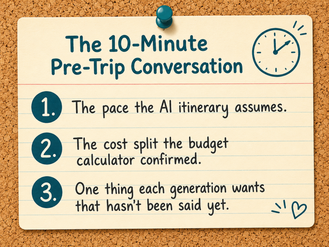 How To Use Ai To Plan A Multigenerational Family Trip 5 Infographic Listing The 10-Minute Pre-Trip Conversation Script For Multigenerational Family Trip Planning