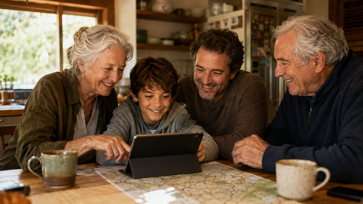 How To Use Ai To Plan A Multigenerational Family Trip Fi Three Generations Of A Family Planning A Multigenerational Family Trip Together At A Kitchen Table