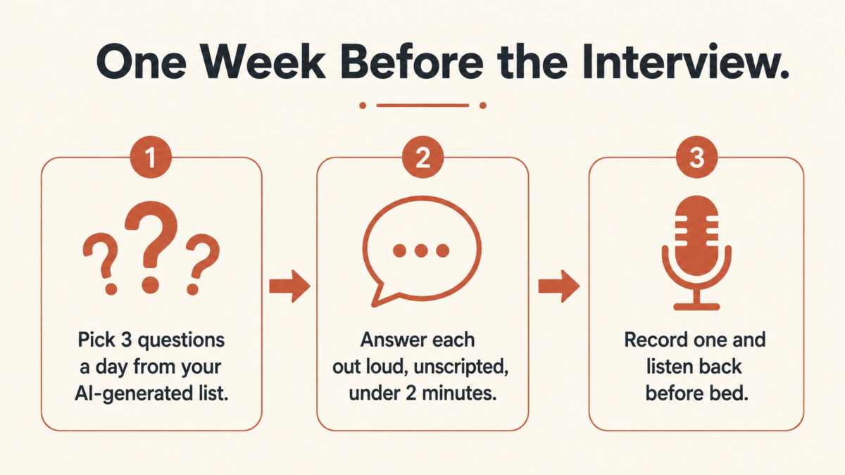 How To Use Ai To Prep For A Job Interview After 50 4 Use Ai To Prep For A Job Interview After 50. One-Week Ai Interview Practice Routine Showing Three Questions A Day, Spoken Answers, And One Recorded Review Each Night