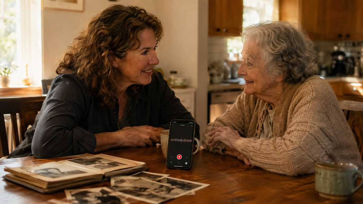 How To Use Ai To Write Your Family History Fi Adult Child Recording A Conversation With An Aging Parent At A Kitchen Table While Learning How To Use Ai To Write Your Family History