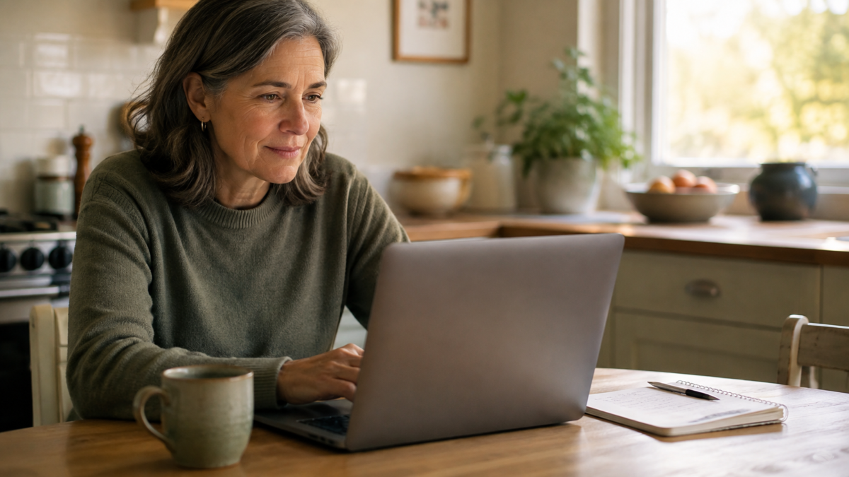Adult In Their 50S Reviewing What To Automate With Ai First On A Laptop At A Kitchen Table