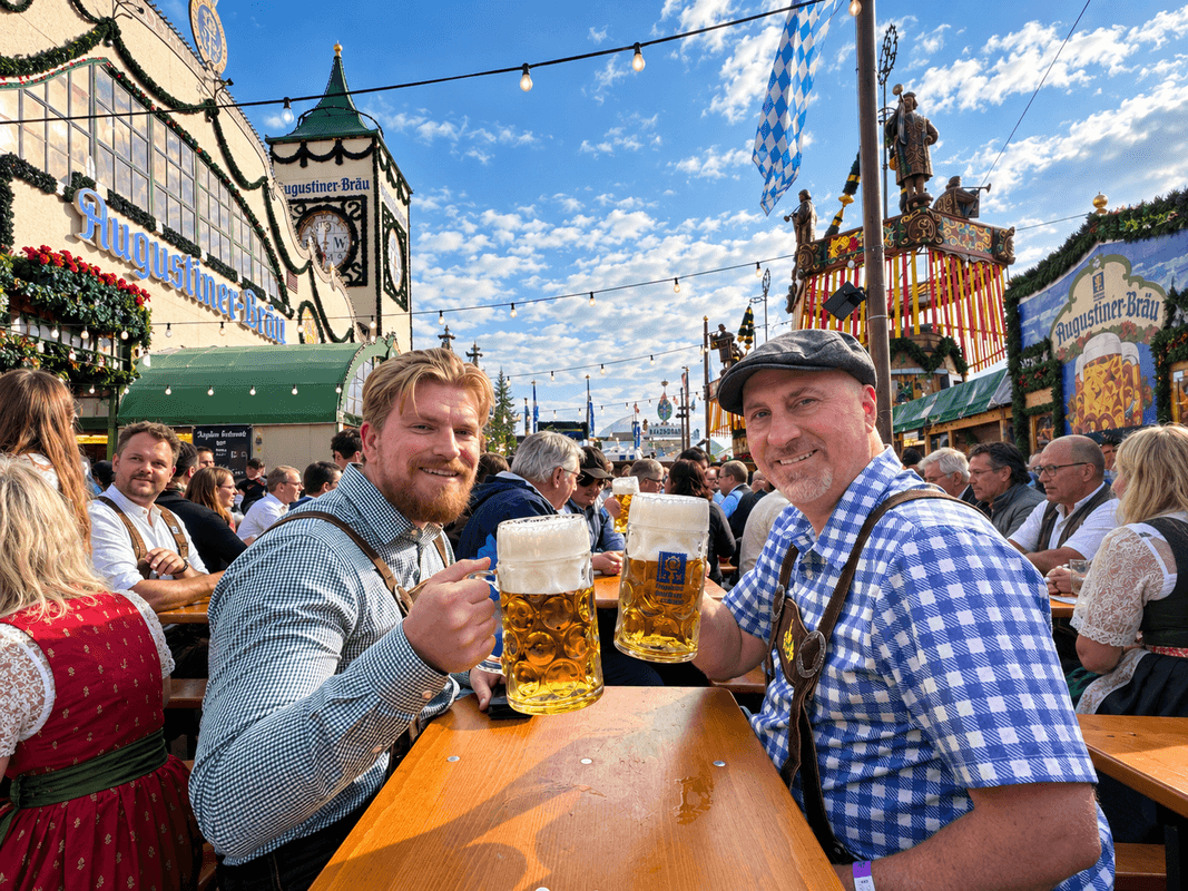 Oktoberfest Outside Augustiner Oktoberfest For First Timers. Enjoying A Liter Of Beer Outside One Of The Beer Tents At Oktoberfest.