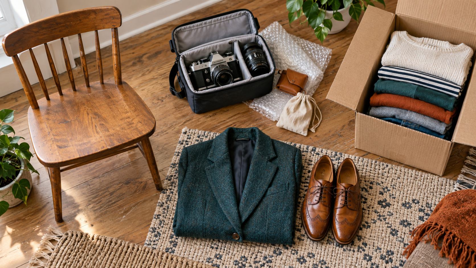 Four Groups Of Downsizing Items: Local Furniture, Shippable Camera Gear, Listed Clothing, And A Clean-Out Box