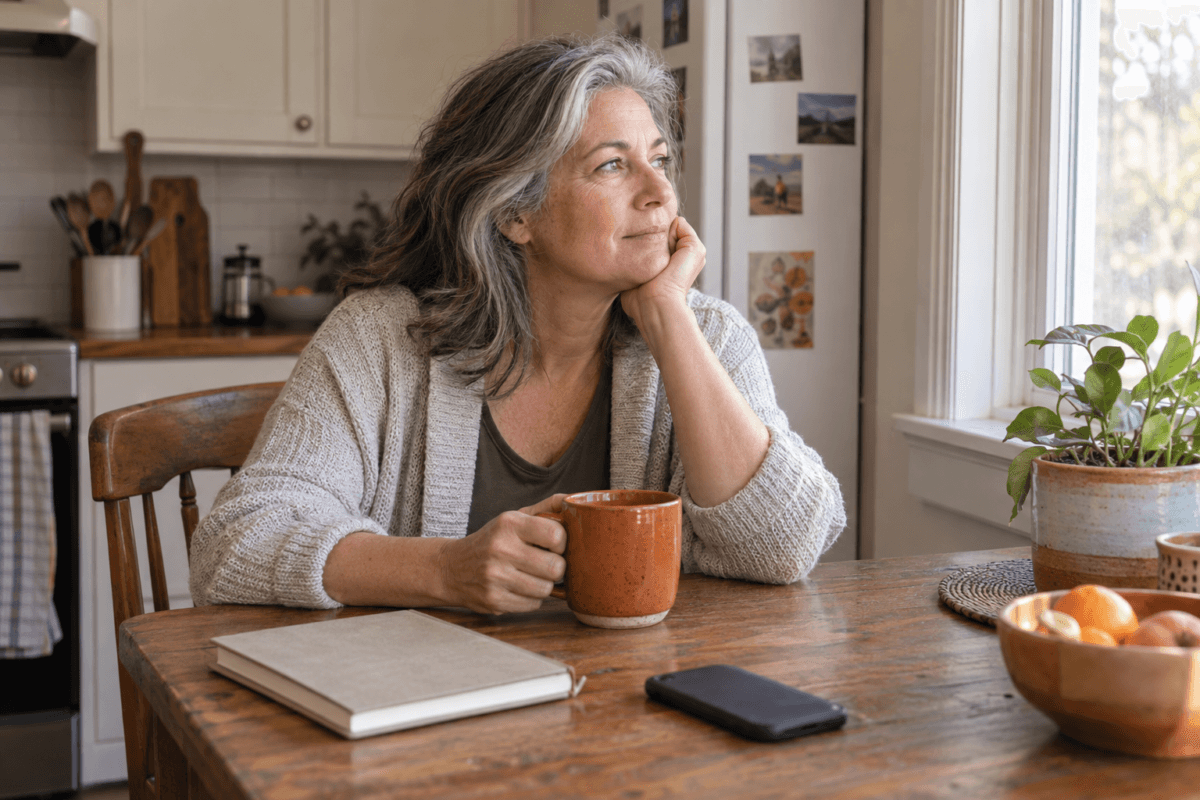 Mindset Habits Midlife Featured A Woman In Midlife Pauses With A Mug Beside A Closed Notebook While Practicing Small Mindset Habits.