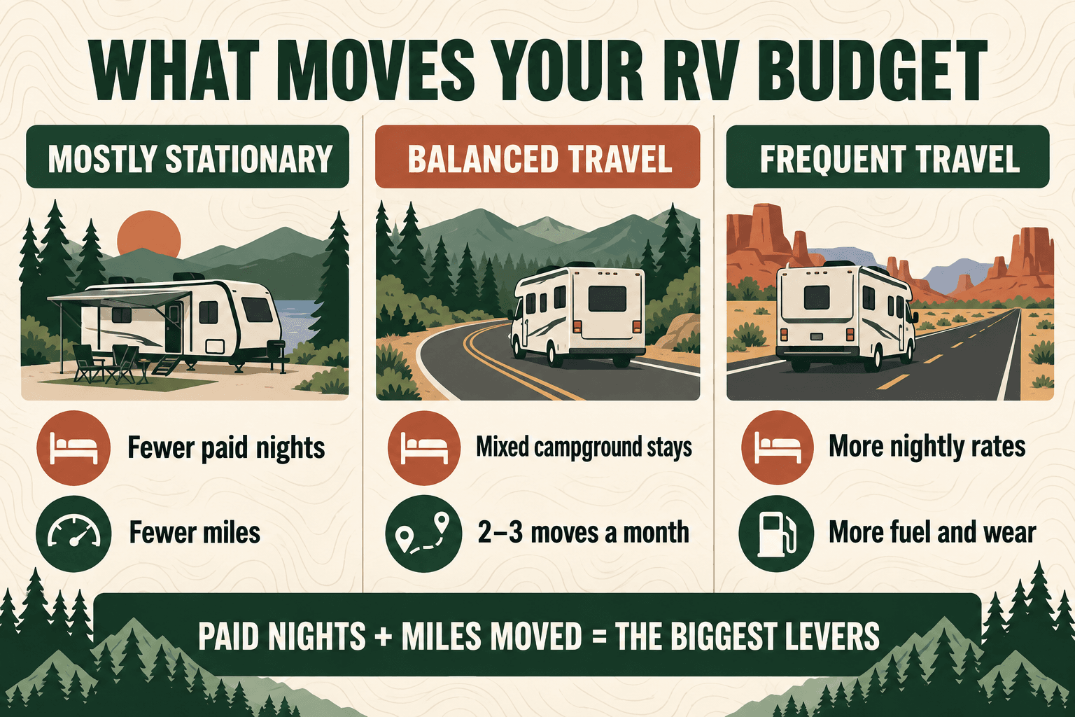 Three Rv Travel Styles Showing How Paid Nights And Miles Affect The Budget