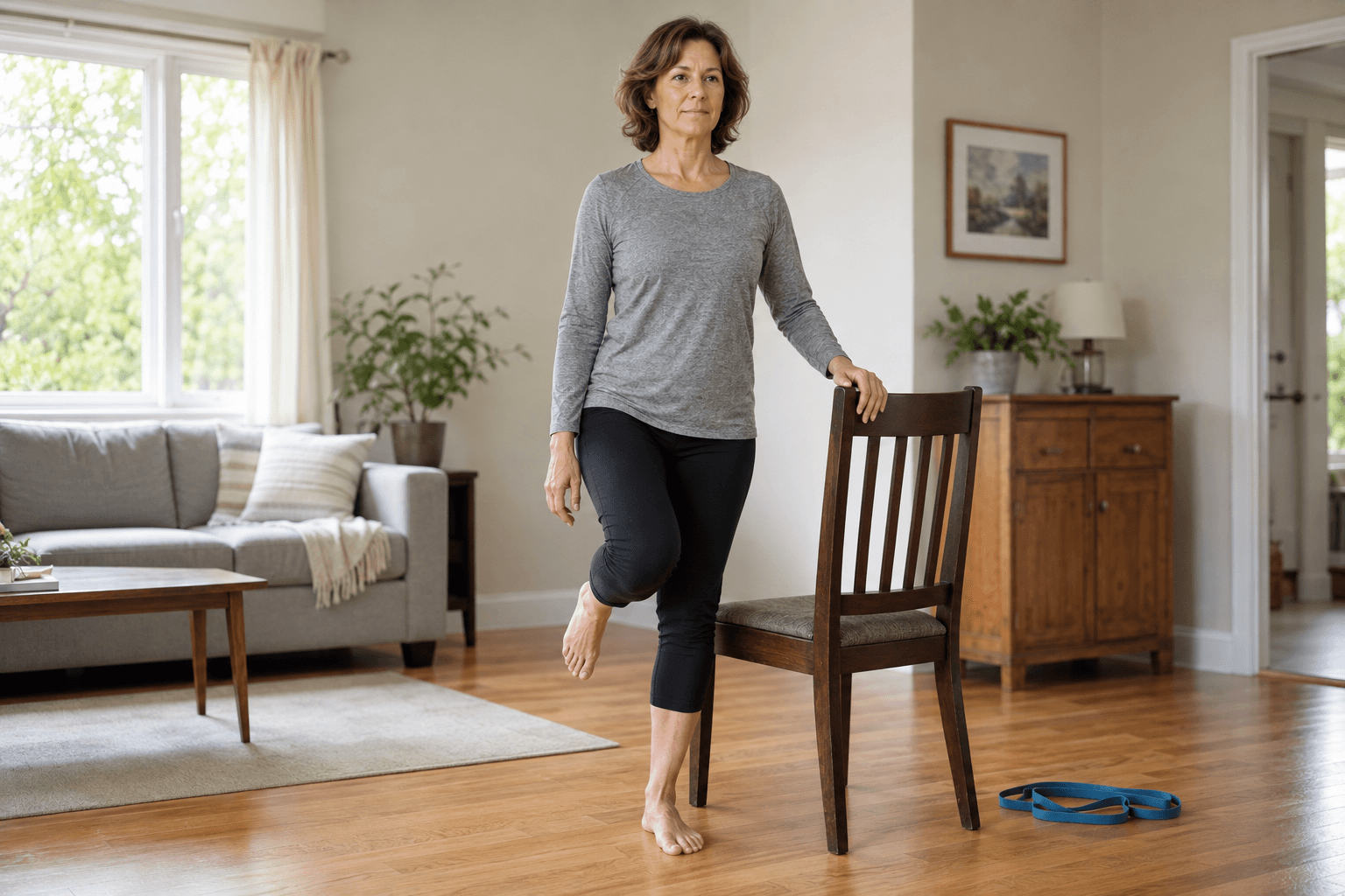 Midlife Adult Adding Strength And Balance Work Beside A Chair