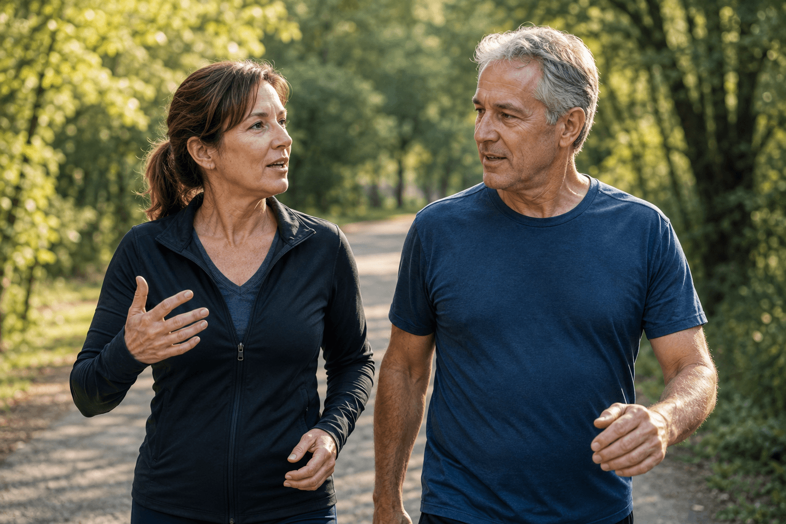 Two Adults Using The Talk Test During A Brisk Walk