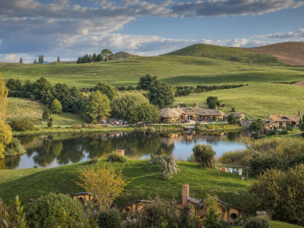 Hobbiton Village Across A Pond, With Rustic Buildings And Rolling Green Hills.