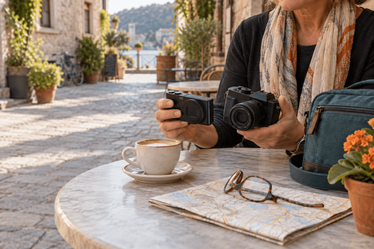 Best Travel Cameras Midlife Featured Best Travel Cameras For Midlife Photographers Compared By A Traveler Beside A Small Day Bag