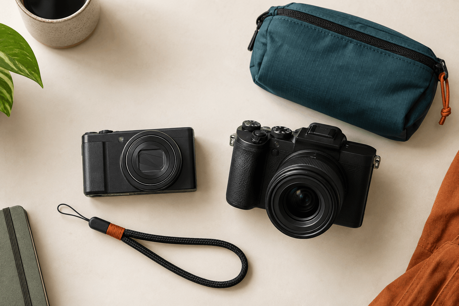 Compact Vs Mirrorless Travel Camera Compact Camera And Small Mirrorless Travel Camera Compared On A Table