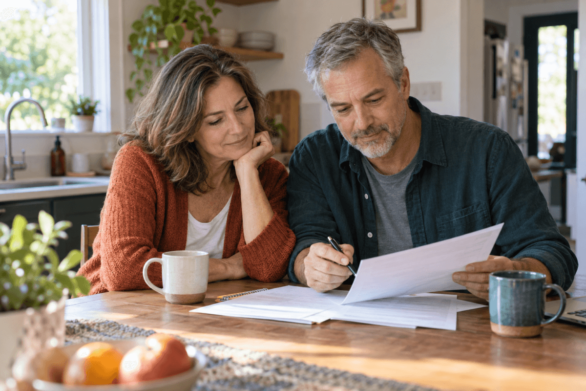 Midlife Couple Reviewing Limiting Beliefs About Money And Their Financial Plan