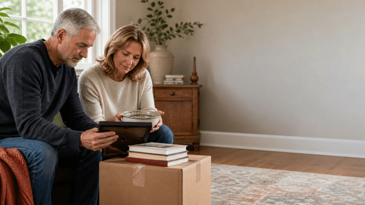 Couple In Their 50S Sorting Meaningful Belongings For A Simpler Home