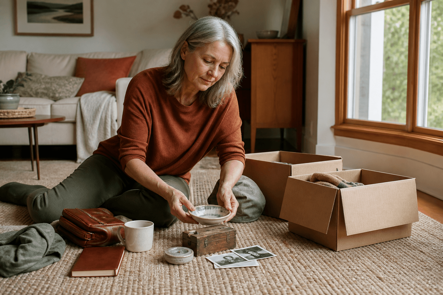 Midlife Adult Sorting Personal, Inherited, And Grown Children’s Belongings