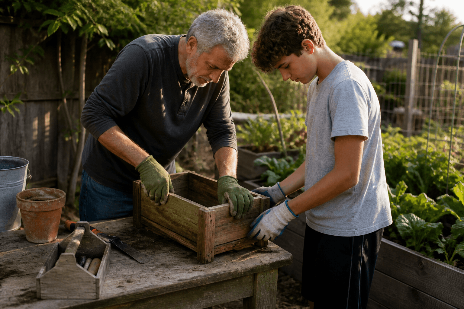Grandparent Grandchild Shared Task Grandparent And Teenage Grandchild Repairing A Wooden Planter Together In A Garden